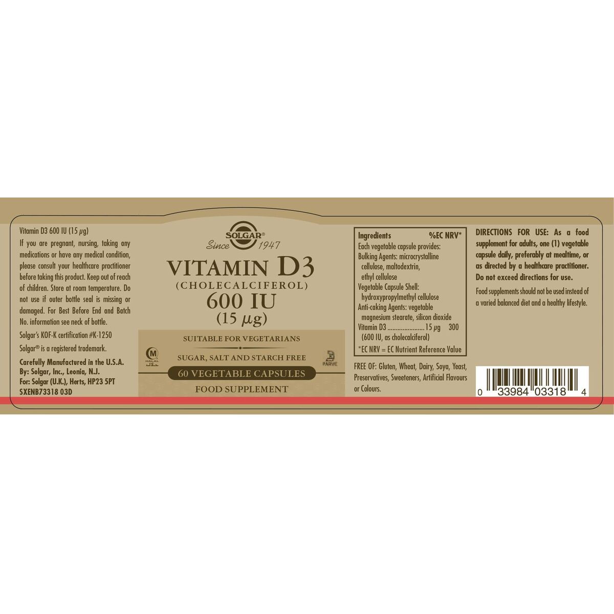 Vitamina D3 (Colecalciferolo) Solgar 600 iu 60 Capsule