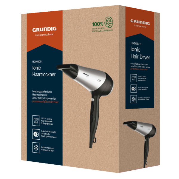 Grundig HD 6080 B asciuga capelli 2200 W Nero, Argento