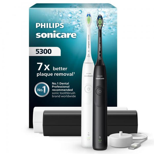 Philips 5300 series Sonicare spazzolino elettrico sonico con base di ricarica e custodia, 2 livelli di intensità, sensore di pressione confezione da 1 spazzolino bianco e 1 spazzolino nero HX7109/01