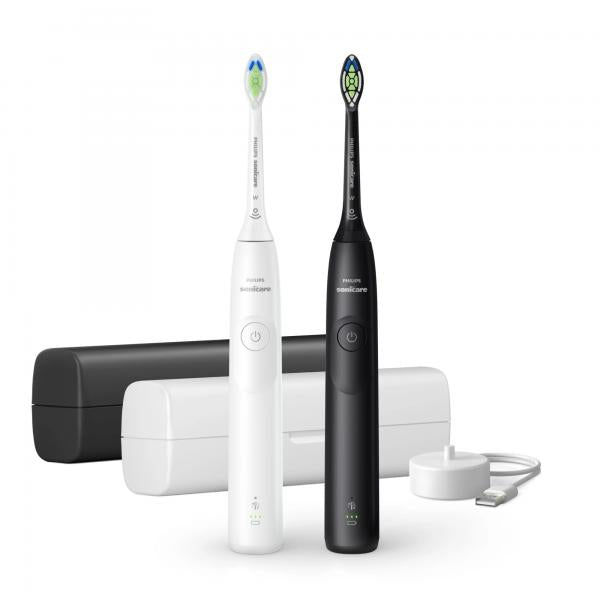 Philips Sonicare serie 5300 Sonicare Spazzolino Elettrico Sonico con base di ricarica e custodia, 2 livelli di intensit , sensore di pressione confezione da 1 spazzolino bianco e 1 spazzolino nero H