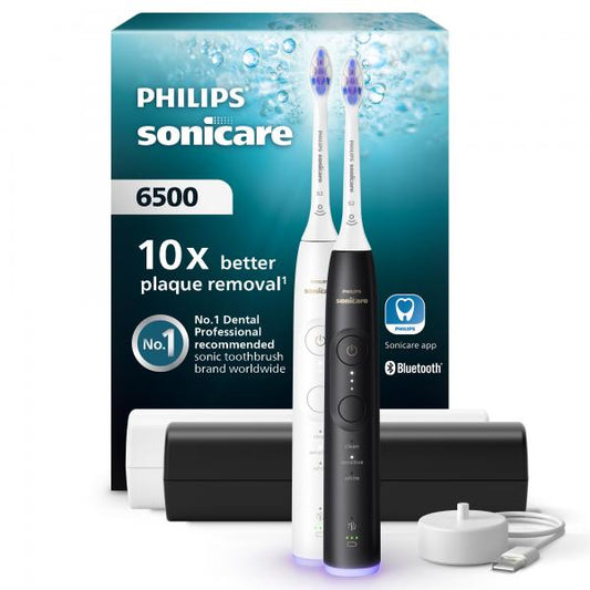 Philips 6500 Series Sonicare spazzolino elettrico sonico con base di ricarica e custodia, 3 livelli di intensità, sensore di pressione confezione da 1 spazzolino bianco e 1 spazzolino nero HX7419/01