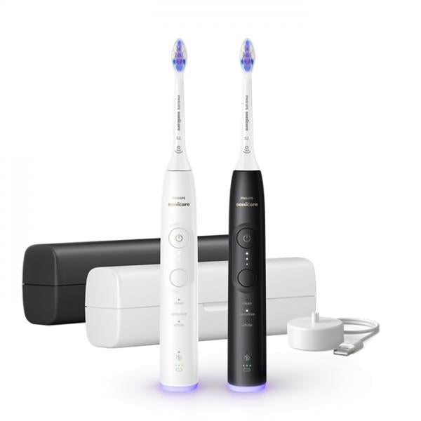 Philips 6500 Series Sonicare spazzolino elettrico sonico con base di ricarica e custodia, 3 livelli di intensità, sensore di pressione confezione da 1 spazzolino bianco e 1 spazzolino nero HX7419/01