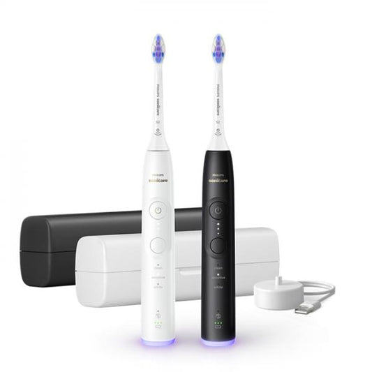 Philips 6500 Series Sonicare spazzolino elettrico sonico con base di ricarica e custodia, 3 livelli di intensità, sensore di pressione confezione da 1 spazzolino bianco e 1 spazzolino nero HX7419/01