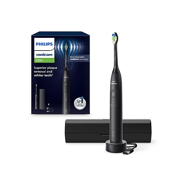 Philips 5300 Series Sonicare spazzolino elettrico sonico con base di ricarica e custodia, 2 livelli di intensità, sensore di pressione colore nero HX7101/02
