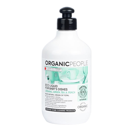 Liquide écologique au thé vert et à la pêche bio Organic People pour la vaisselle de bébé 200 ml