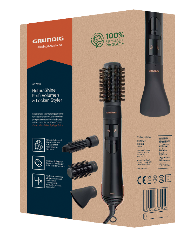 Grundig HS 7080 Spazzola ad aria calda Caldo Nero, Oro rosa 1,8 m 1000 W